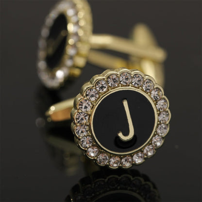 🎁Round Crystal-Embedded Initial Cufflinks with Enamel Finish - Personalized Alphabet Design