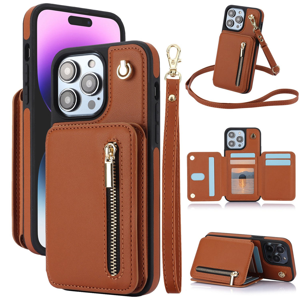 🏆Flash Sale⚡Wallet Case for iPhone 15/14/13/12 - PU Leather Flip Cover with Card Slots, Wrist Strap & Crossbody Lanyard (All Models)
