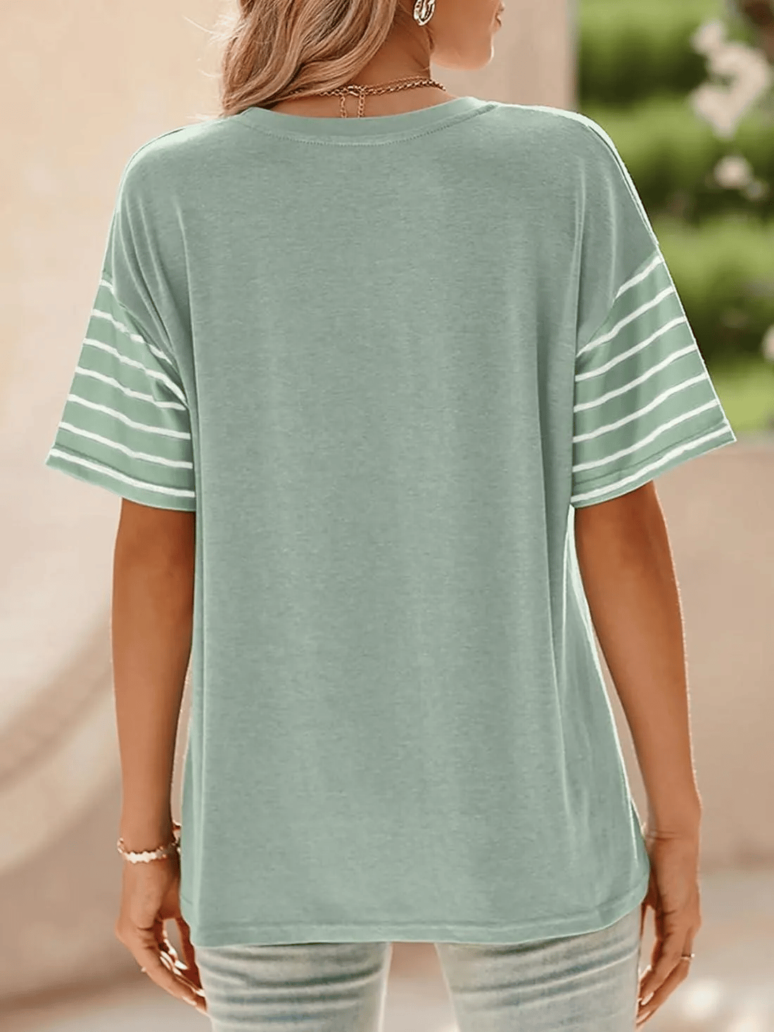 Womens Oversized Crewneck Casual Color Block Striped Shirts Blouses