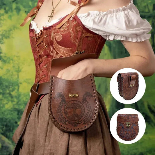 Vintage Medieval Nordic Embossed Leather Belt Bag