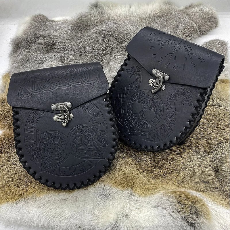 Vintage Medieval Nordic Embossed Leather Belt Bag