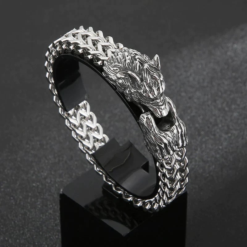 Mens Stainless Steel Norse Viking Fenrir Wolf Head Bracelet