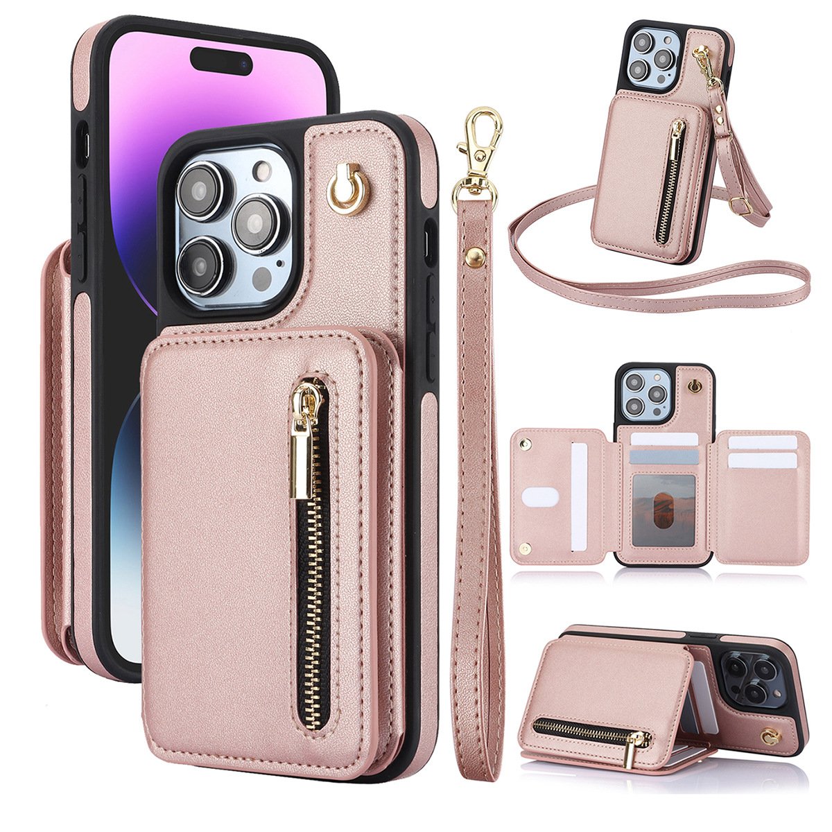 🏆Flash Sale⚡Wallet Case for iPhone 15/14/13/12 - PU Leather Flip Cover with Card Slots, Wrist Strap & Crossbody Lanyard (All Models)