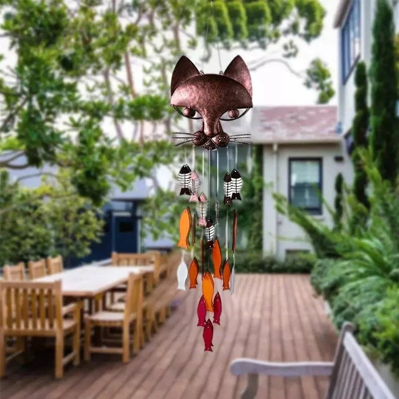 Handcrafted Metal Cat and Recycled Glass Fish Wind Chime