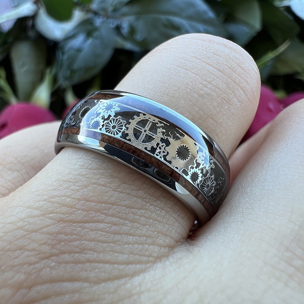 💍Inlaid Wood Grain Gear Pattern Tungsten Carbide Ring