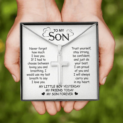 Gift For Son - Never Forget My Love - Cross Necklace With Message Card - Son Gift For Birthday, Christmas, Special Occasion From Mom, Dad